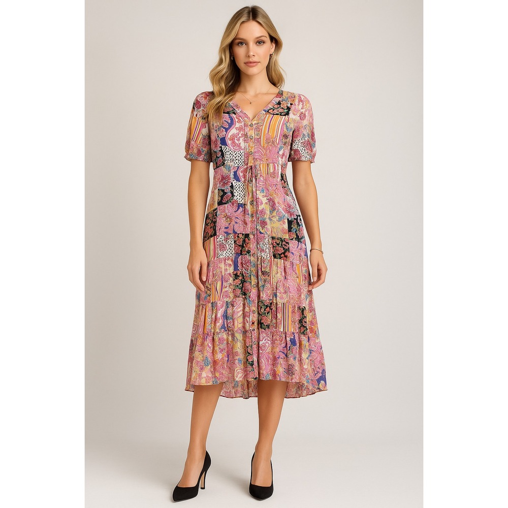 Indigo Rose‎ Dress Womens M Button Floral Polka Dot Patchwork Tiered Boho Hippie